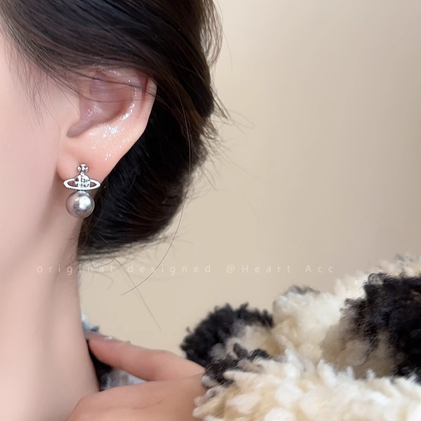 Romantic Planet Pearl Beads Saturn Silver Needle Stud Earrings
