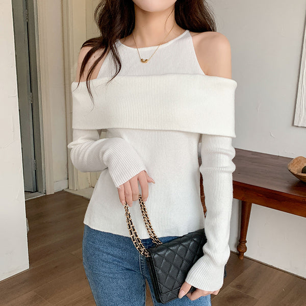 Off-Shoulder Halterneck Long-Sleeved Knitted Sweater Top