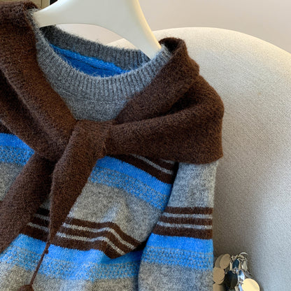 Stylish Striped Loose Knit Pullover (Shawl Included)