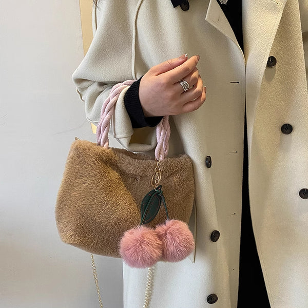 Furry Cherry Plush Handbag Spring Fashion Chain Crossbody