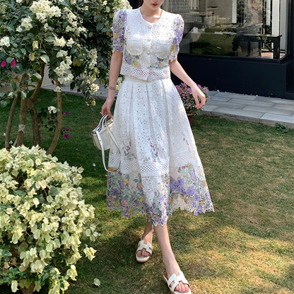 Lace Floral Puff Sleeve Skirt Set