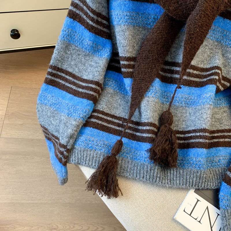 Stylish Striped Loose Knit Pullover (Shawl Included)