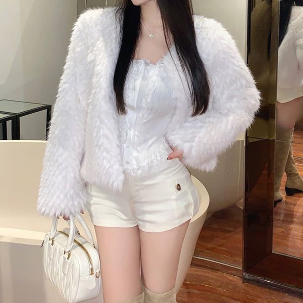 Furry Coat Fur White Long Sleeve Top