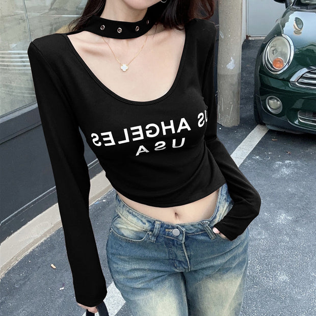 Halterneck V-Neck Brushed Letter Print T-Shirt