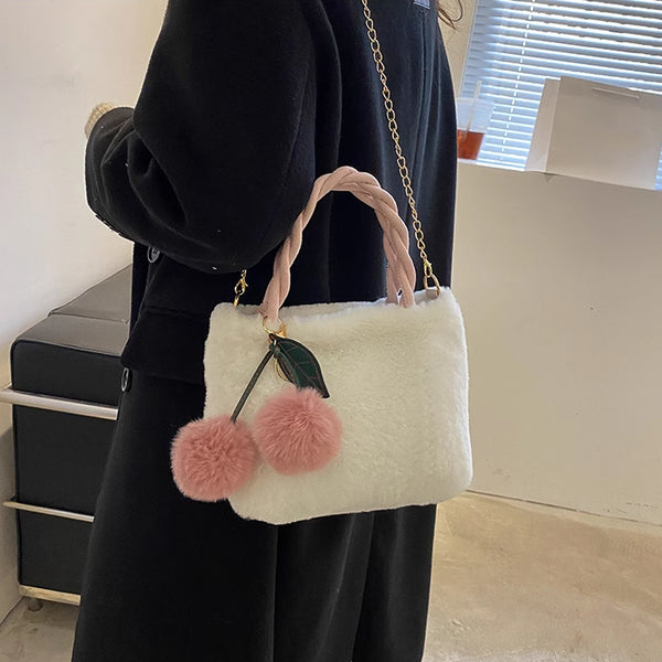 Furry Cherry Plush Handbag Spring Fashion Chain Crossbody