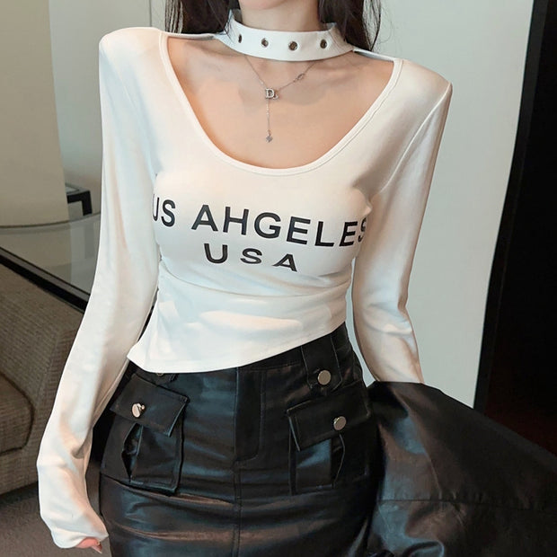 Halterneck V-Neck Brushed Letter Print T-Shirt