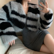 Zebra Print Fur Coat Long Sleeve Top