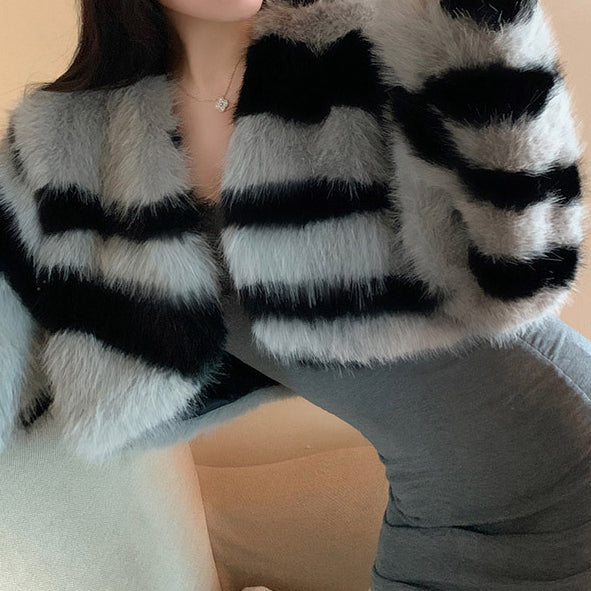 Zebra Print Fur Coat Long Sleeve Top