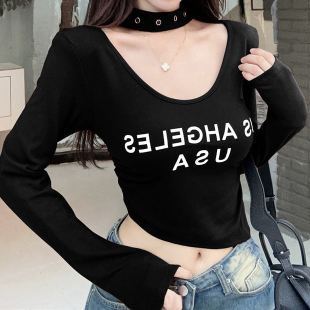 Halterneck V-Neck Brushed Letter Print T-Shirt