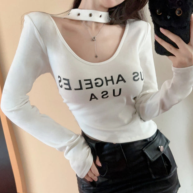 Halterneck V-Neck Brushed Letter Print T-Shirt
