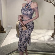 Mesh lace stitching cheongsam vintage dress