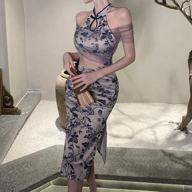 Mesh lace stitching cheongsam vintage dress