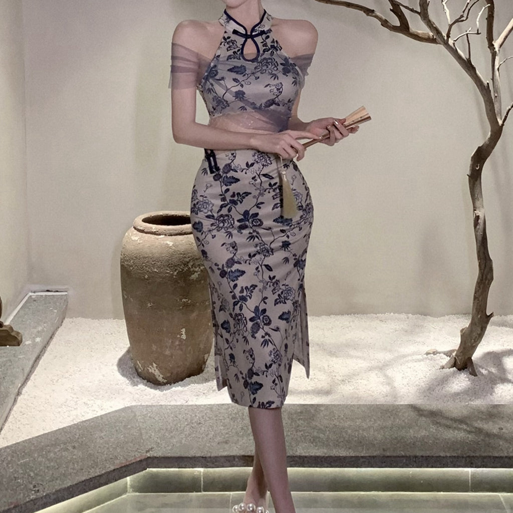 Furry Patchwork Sequined Cheongsam Dress