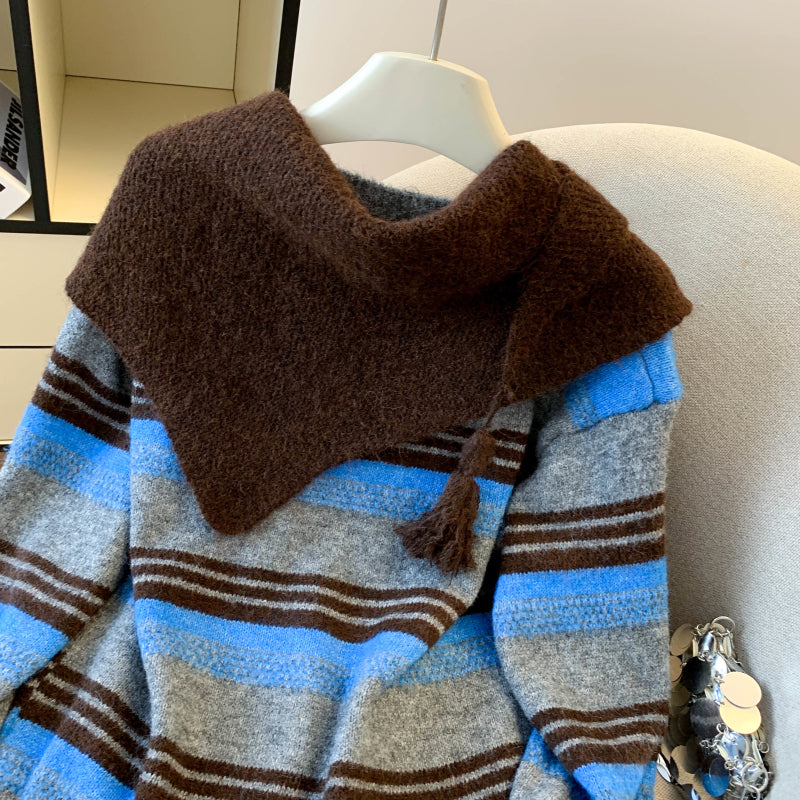 Stylish Striped Loose Knit Pullover (Shawl Included)