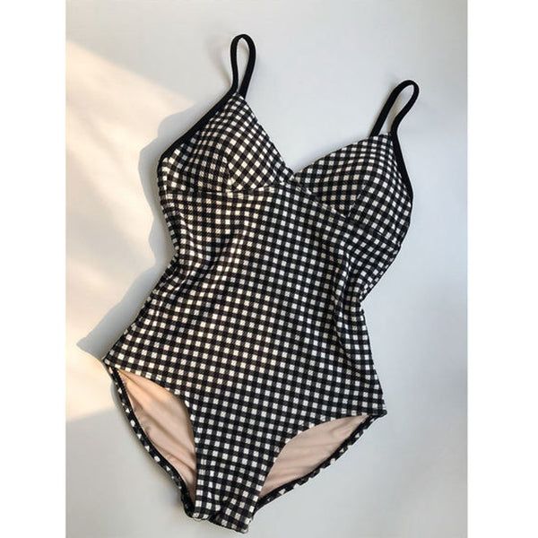 One-piece simple plaid resort swimsuit