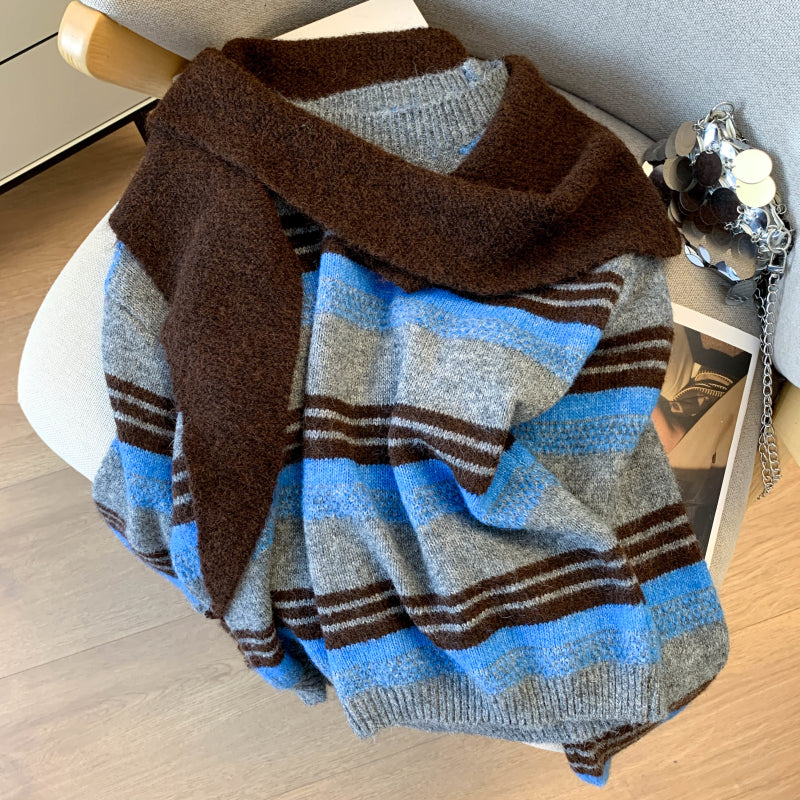 Stylish Striped Loose Knit Pullover (Shawl Included)