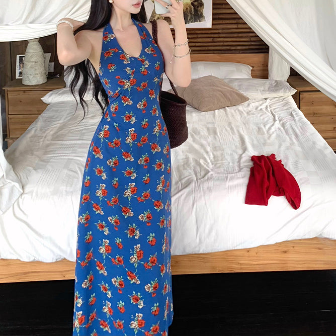 V-neck retro floral polka dot halter dress