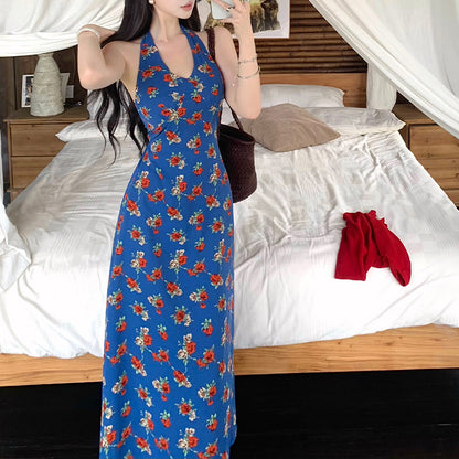 V-neck retro floral polka dot halter dress