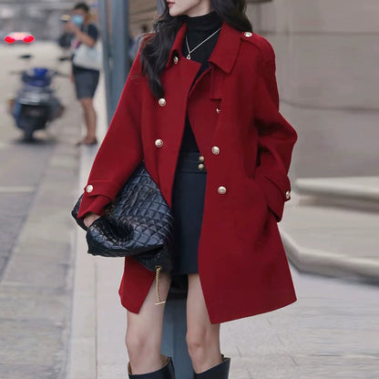 Retro Red Long Wool Coat With Gold Buttons