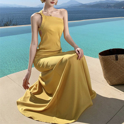 French-Style Backless Yellow Satin Evening Gown