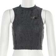 Sleeveless scrub crewneck ripped cropped top