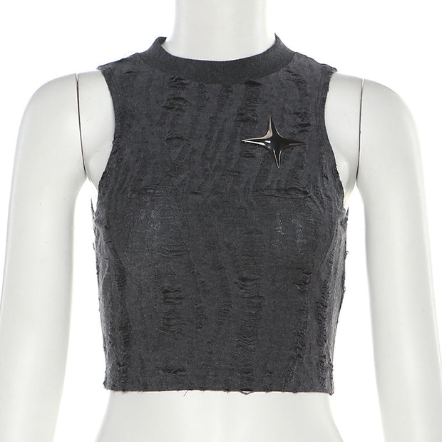 Sleeveless scrub crewneck ripped cropped top