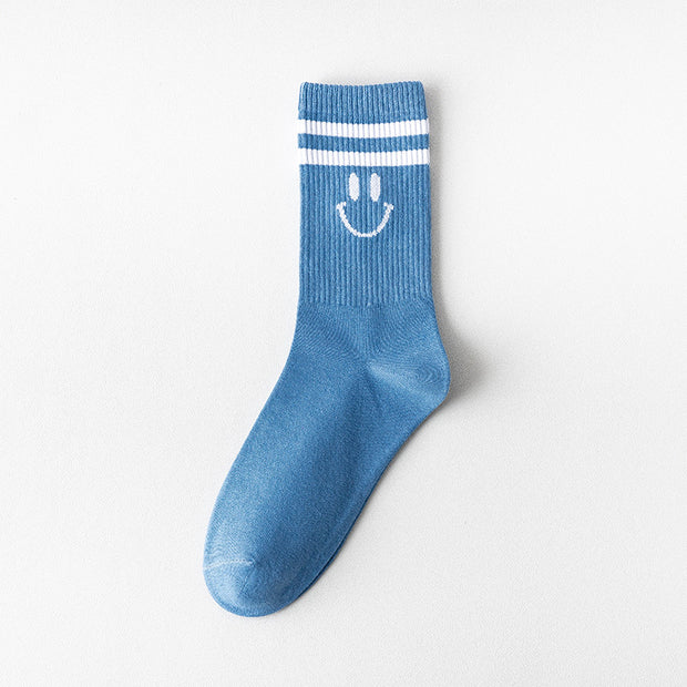 Smiley face striped mid-calf cotton socks