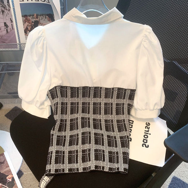 70%  Fake Two-Piece Polo Collar Splicing Plaid Belt Shirt