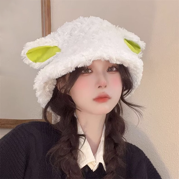 Furry Green Ear Warm Plush Sweet Lamb Fisherman Hat
