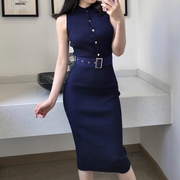Sleeveless belted button slit stretch-knit dress