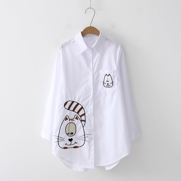 Embroidery Pattern Loose Casual White Shirt Top