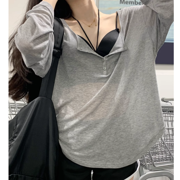 V-neck button loose long-sleeved t-shirt vest set
