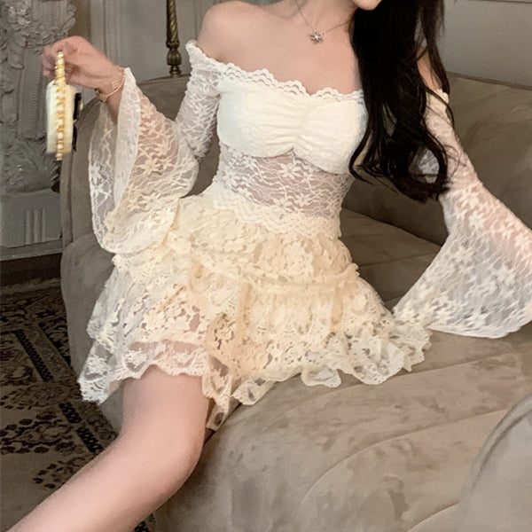 Waist-Cinching Sexy Lace Top And Puffy Skirt Set