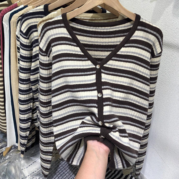 Striped V-Neck Button Long-Sleeve Knit Cardigan