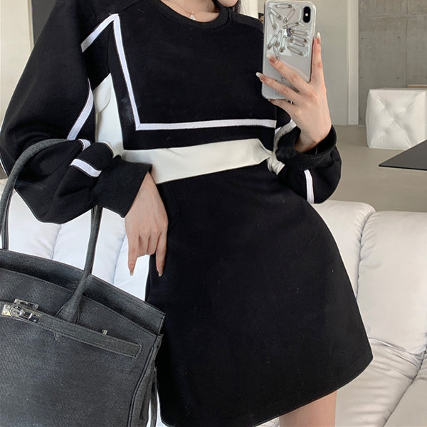 Black White Color Matching Fake Two Piece Short Dress