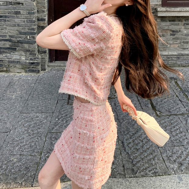 Short-Sleeved Jacket Top Tweed Skirt Elegant Set