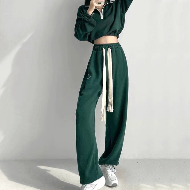 Zipper cropped sweatshirt elastic waist pants set