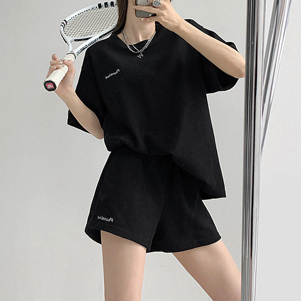 Loose waffle t-shirt elastic wide leg shorts set