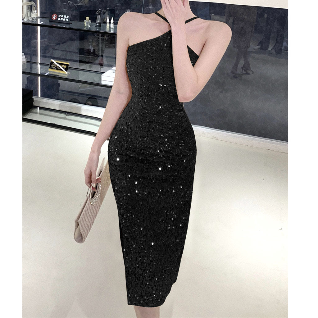 Sheath Halter Plunging Sleeveless Red Sequin Fringe Long Prom Dress, Slit