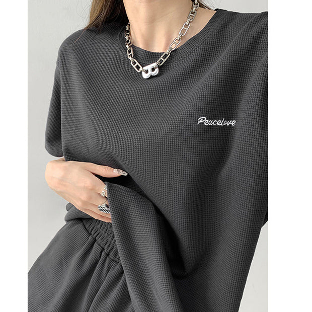 Loose waffle t-shirt elastic wide leg shorts set