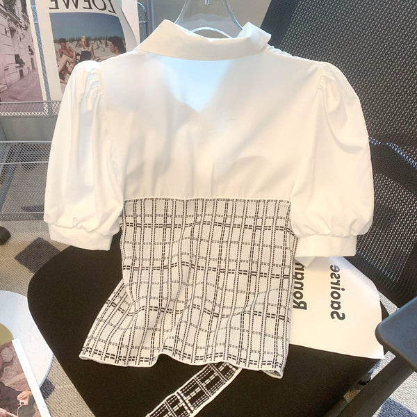 70%  Fake Two-Piece Polo Collar Splicing Plaid Belt Shirt