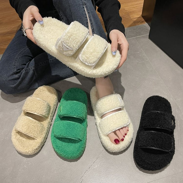 Flat Plush Solid Color Velcro Slippers