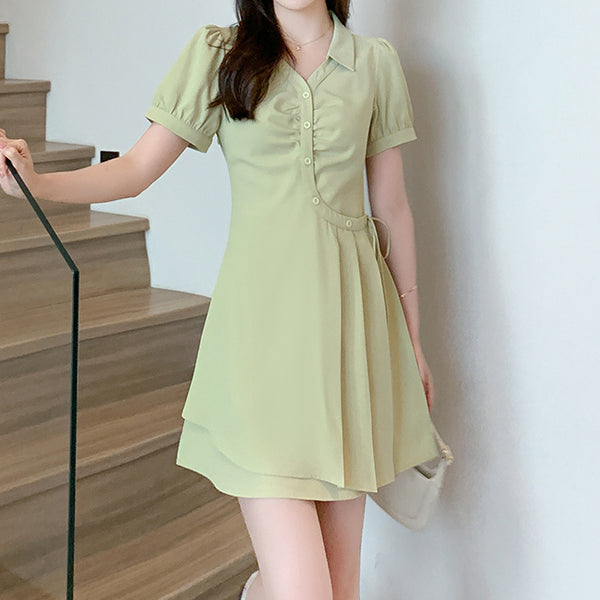 Pleated Short-Sleeve Neck Lapel Slim Dress