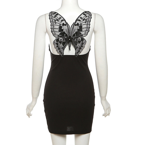 Backless Butterfly Slim V-Neck Black Sling Dress