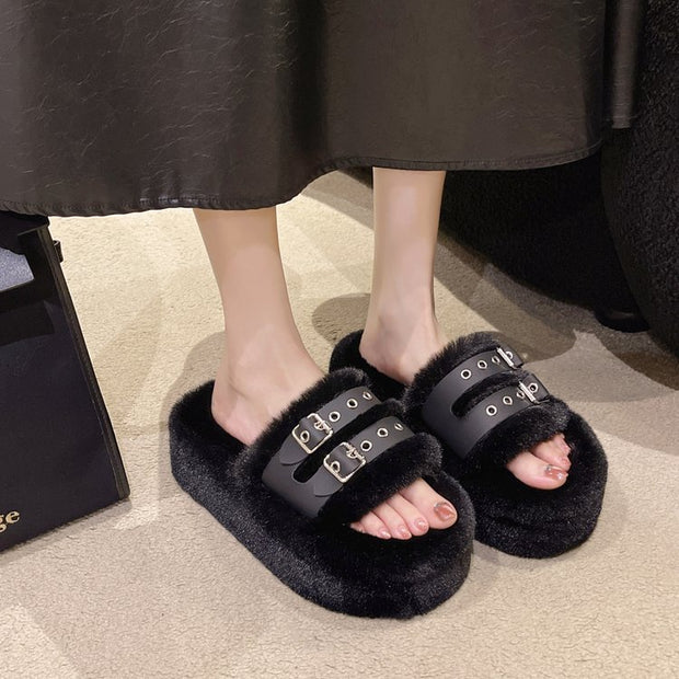 Plush buckle thick soled casual slippers