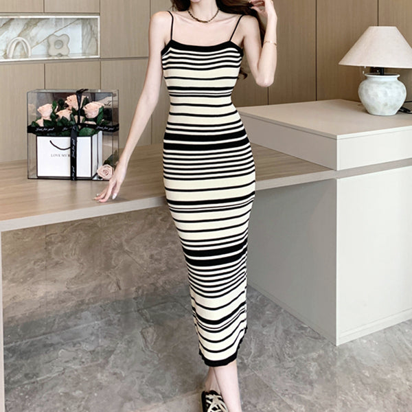 Striped Knitted Dress Long-Sleeved Cardigan Set