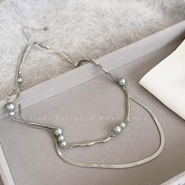 Irregular Metal Pearl Double Layer Necklace Sweater Chain