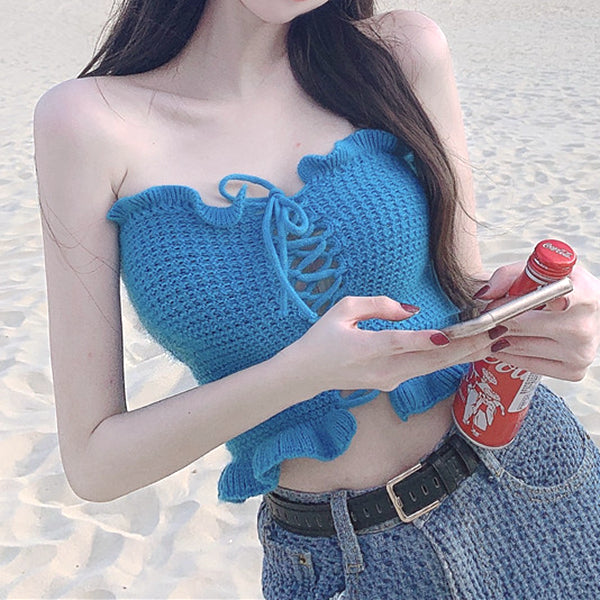70% Lace-Up Knitted Stretch Bandeau Top
