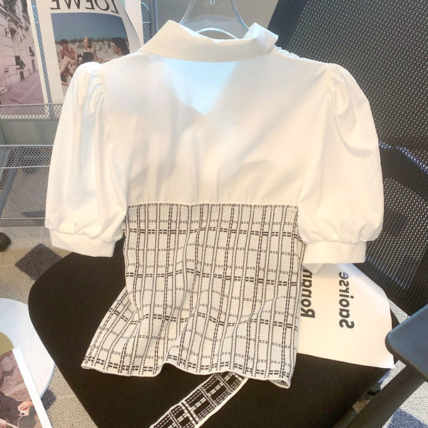 Fake Two-Piece Polo Collar Splicing Plaid Belt Shirt