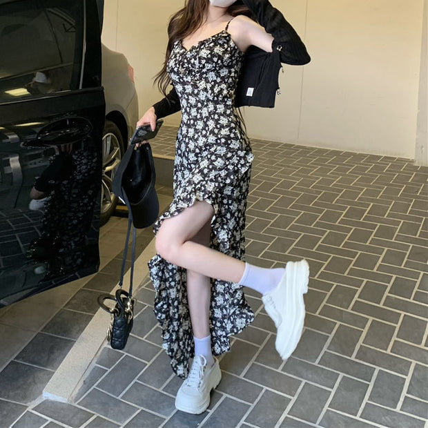 Irregular slit black slim floral sling dress